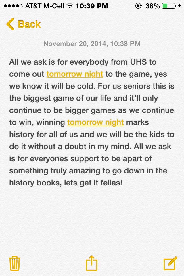 24Riggins's tweet photo. Spread the word U High fans @Uhsfootball @UHawkRadio http://t.co/tjz0l453zl