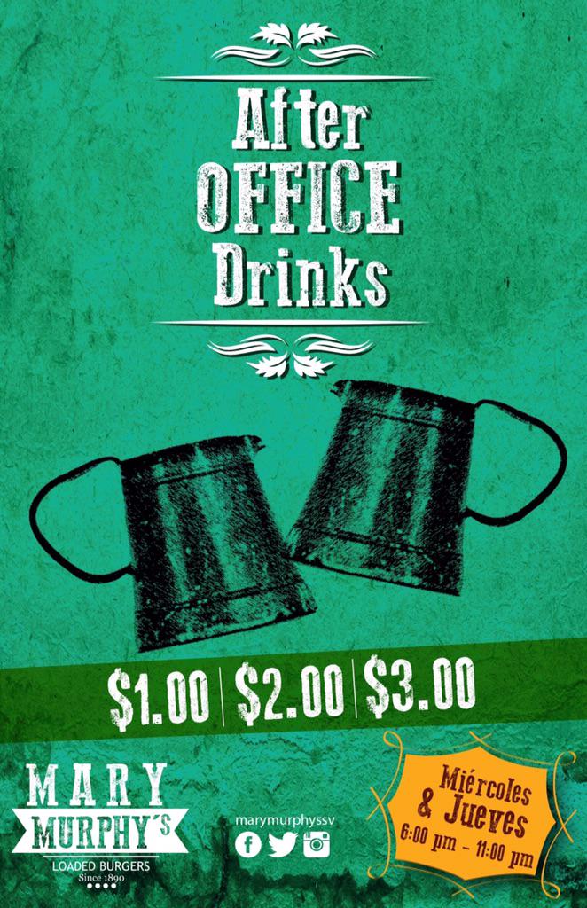 MaryMurphysSV's tweet photo. A disfrutar de #afteroffice de las 6:00 pm a las 10:00 pm 

Los esperamos!! http://t.co/hGLGfiB3jP