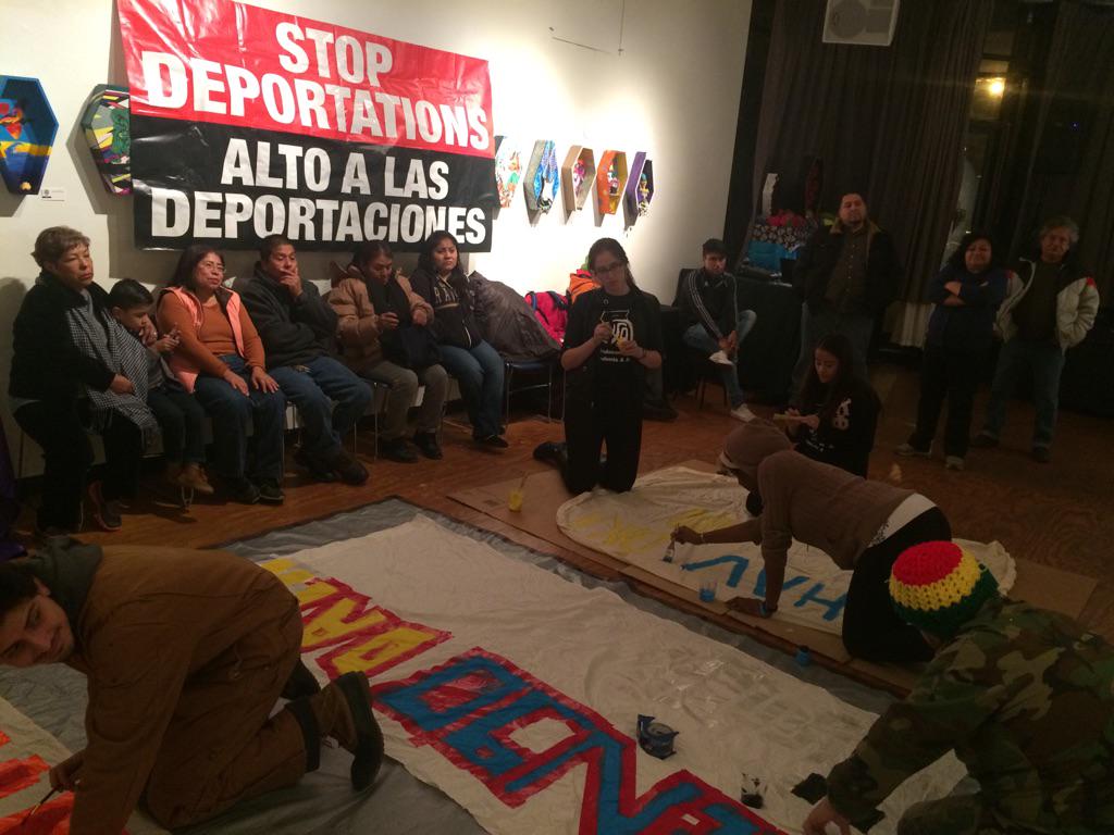 UndocuIL's tweet photo. Painting banner and listening to the report back of the call from the White House. http://t.co/Jt2heNmgLt