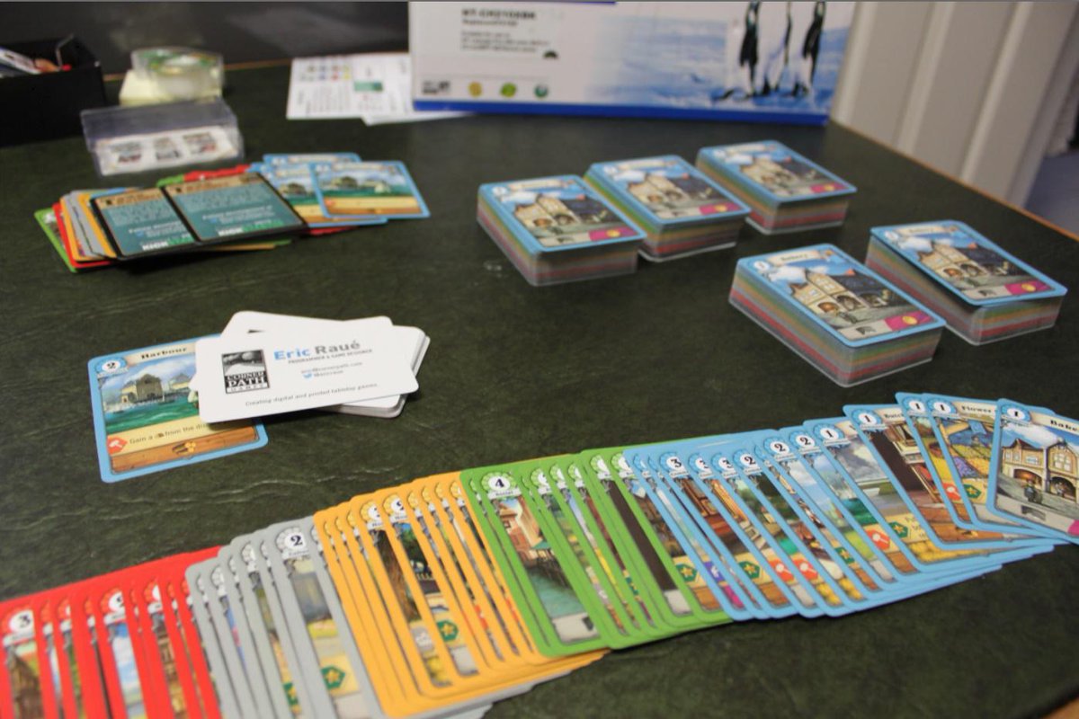 CornerPathGames's tweet image. New #TownBuilder prototype decks just arrived. Six copies, advertisement cards, and some business cards.