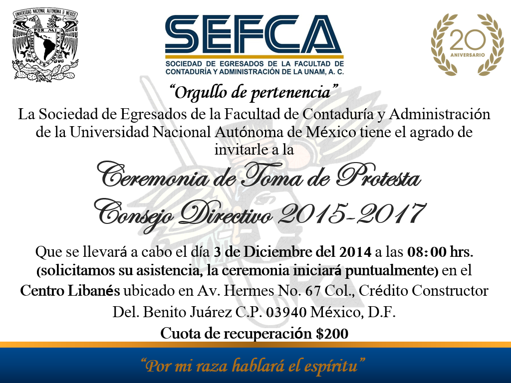 SEFCAUNAM's tweet photo. A toda la comunidad SEFCA se le hace una cordial invitación a la Ceremonia de Toma de Protesta. http://t.co/8ALdNQT3iv