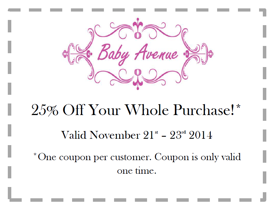 BabyAvenueStore's tweet photo. Save 25% on your whole purchase at Baby Avenue this weekend! Just present this coupon on paper or on your phone. http://t.co/tKRoh9giNt