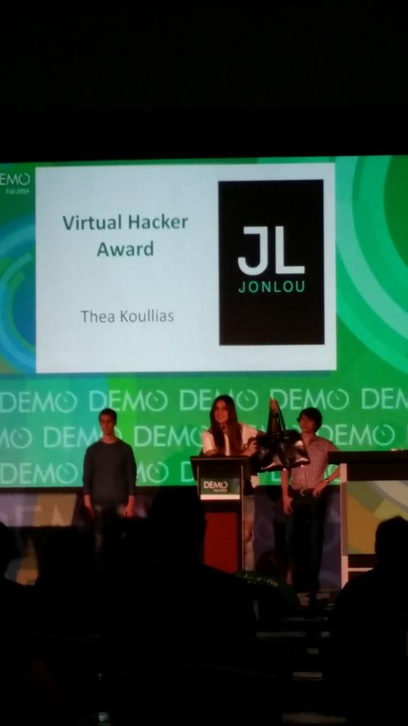 Craig_Dude's tweet photo. Virtual hacker award winner @jonloubrand on stage @DEMO @wearableworld #wearables http://t.co/Bve50jVjKC