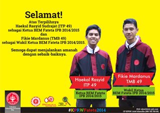 Haloo ini dia Ketua dan Wakil Ketua BEM Fateta IPB terpilih periode 2014-2015 :)  <a href="/TMB48_IPB/">TMB48 Regenboog</a> <a href="/TMB49IPB/">TMB49IPB</a>  @tmb50_ipb