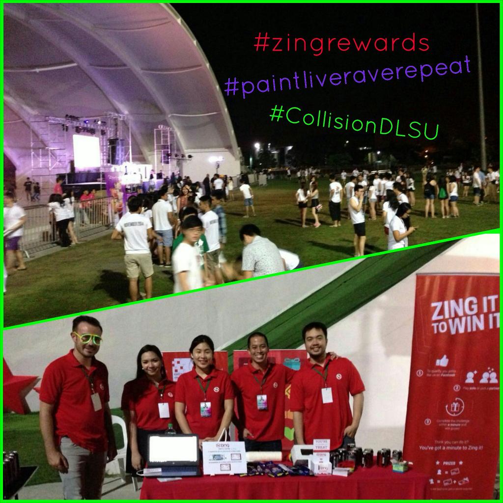 zingrewards's tweet photo. Drop by the #ZingRewards booth tonight @CollisionDLSU #paintliveraverepeat party and stand a chance to win goodies! http://t.co/B7vCOcDgQS
