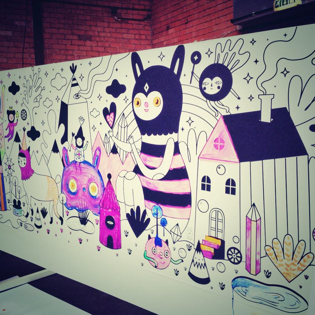EyeCandyFest's tweet photo. Our beautiful part-painted @Muxxi mural before a 4 year old went to town on it at the end of #EyeCandy14 http://t.co/VQZlfdYsFG