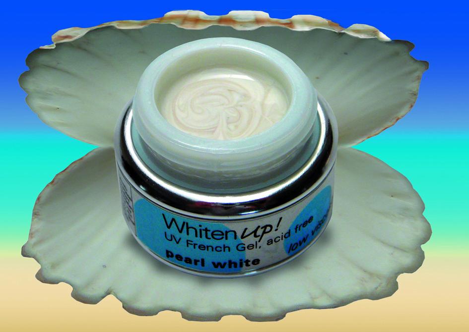 Unser WhitenUp! pearl white.Erhältlich ab 5g.Es stärkt durchnatürlich fein gemalenen Muschelsplitter die Nagelspitze