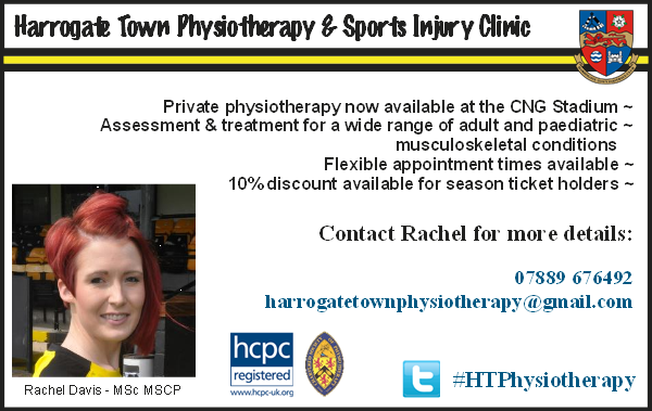 HarrogateTown's tweet photo. HTAFC NEWS: New Physiotherapist Service Available. Book quickly. Well recommended. http://t.co/9rdIVRwBN1 http://t.co/T0yPIFOjCb
