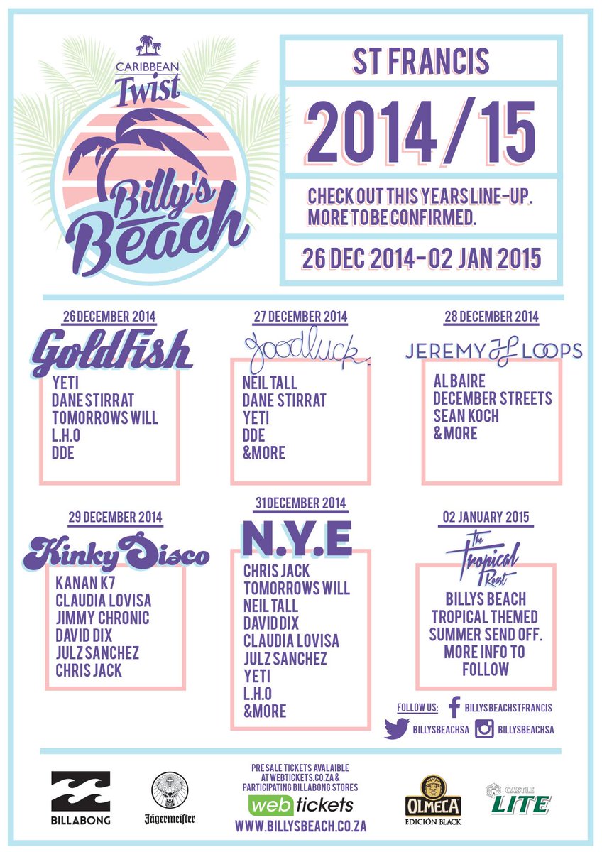 BillysBeachSA's tweet photo. Get ready for a summer to remember! Check out our line-up for this year's Billys Beach season. #Billys2014 http://t.co/N2yZWm4cjj