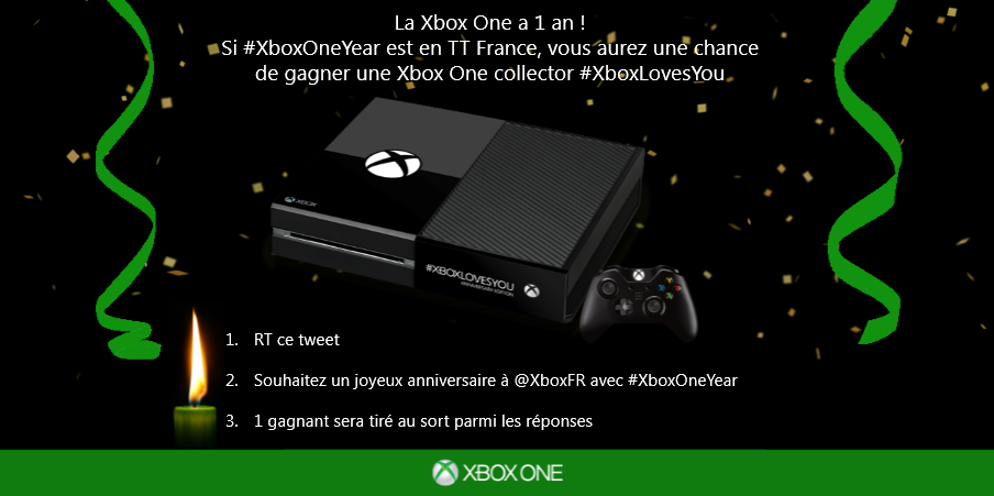 XboxFR's tweet photo. RT La #XboxOne a 1 an ! Si #XboxOneYear est en TT France, vous aurez une chance de gagner une Xbox One collector ! http://t.co/xC84CX1zch