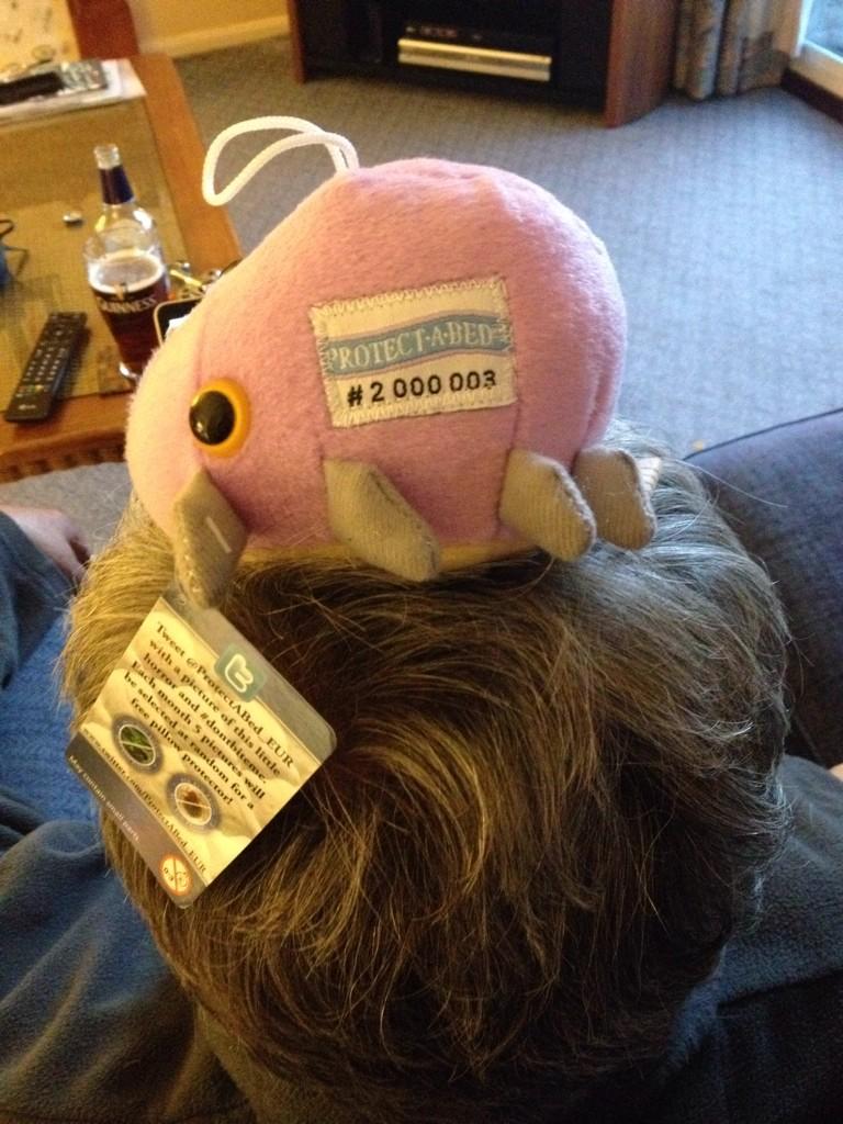 LauraHowley's tweet photo. @ProtectABed_EUR #dontbiteme on my Dad's head, new bed and mattress arriving Weds :) http://t.co/244NFRkXqZ