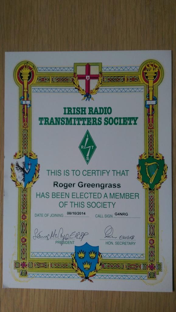 Privileged to have received my membership certificate for the Irish Radio  Transmitters Society (IRTS).