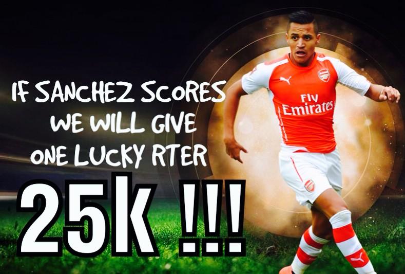 LordzTM's tweet photo. IF SANCHEZ SCORES WE WILL GIVE 1 LUCKY RTER 25K !!! 

How To Enter 

★ RT 
★ Follow Us http://t.co/qZ9MYIPVb6