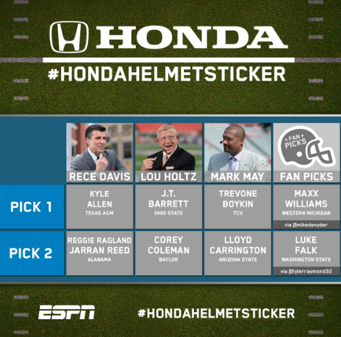 Elite11's tweet photo. #KeepClimbing @KyleAllen_10 #JTBarrett RT @ESPNCFB ICYMI: Here are the Week 11 #HondaHelmetSticker winners » http://t.co/cMlDYyws2t