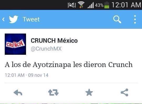 solociudadanos's tweet photo. #YaMeCanse Por mofarse de la tragedia NO ADQUIERAS producto alguno @CrunchMX #Boicot #AccionGlobalporAyotzinapa http://t.co/wpdxQ6dih8