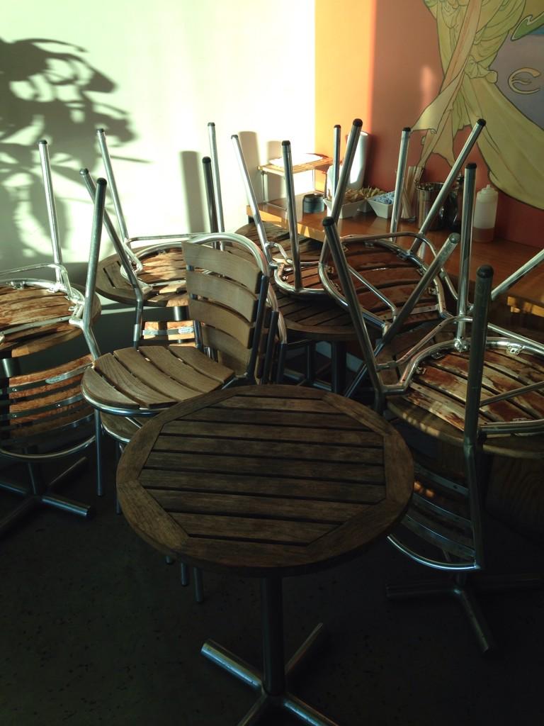epicentercafe's tweet photo. Definitely the most creatively I've ever seen these chairs stacked. http://t.co/jq5UIQr1Vd