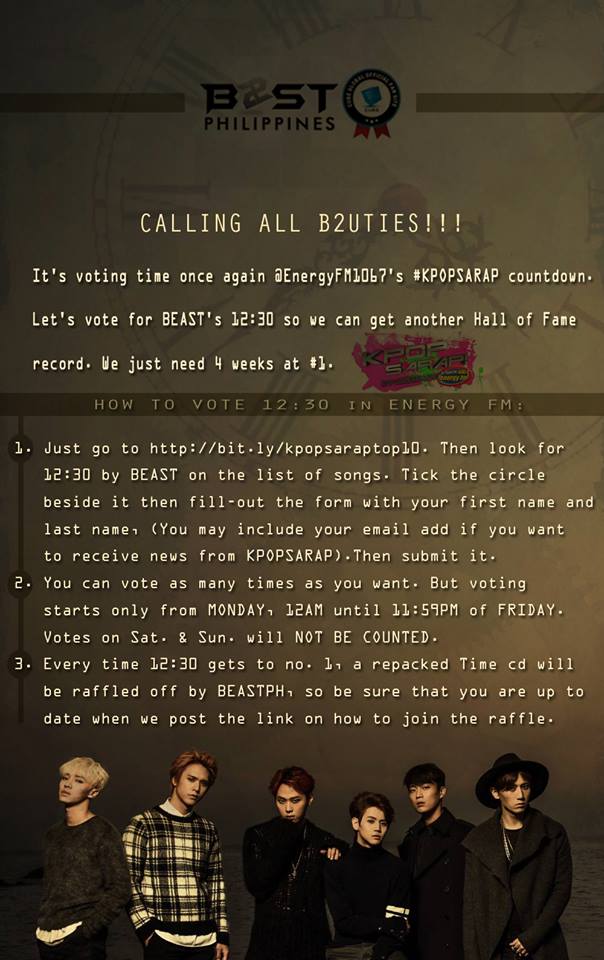 HIGHLIGHT_PH's tweet photo. BEAUTYs, pls vote for 12:30 in EnergyFM’s #Top10KPOP here: 
 http://t.co/cLBhRzGXyc. Thank You! http://t.co/6TPx1ZjOc7