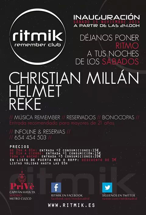 Buenas el próximo sábado 15 gran inauguración de la sala ritmik para + info o listas David Ascanio: 617220311