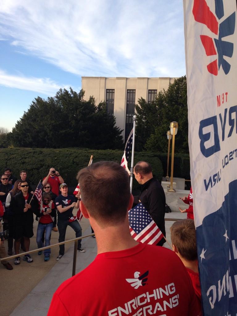 DeptVetAffairs's tweet photo. Secretary McDonald: This flag will be displayed in my office until you run it back. #ogctc #honoringvets @TeamRWB http://t.co/5jcdFxvRYT