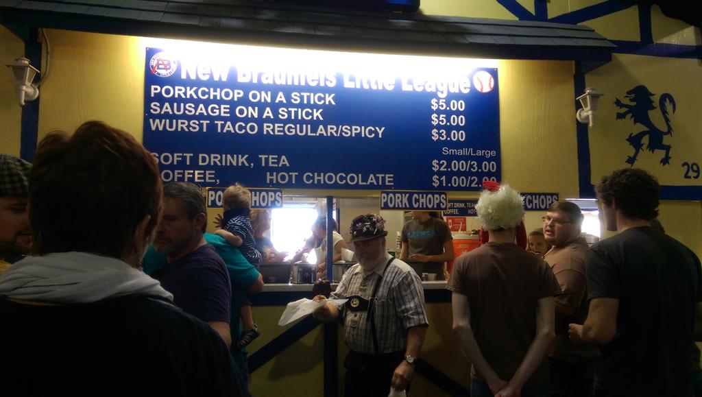 Drizzten's tweet photo. Pork chop on a stick. 2nd best thing about #Wurstfest http://t.co/AqcjBgRcGg
