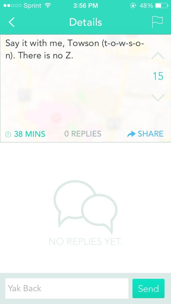 TowsonYikYak tweet picture