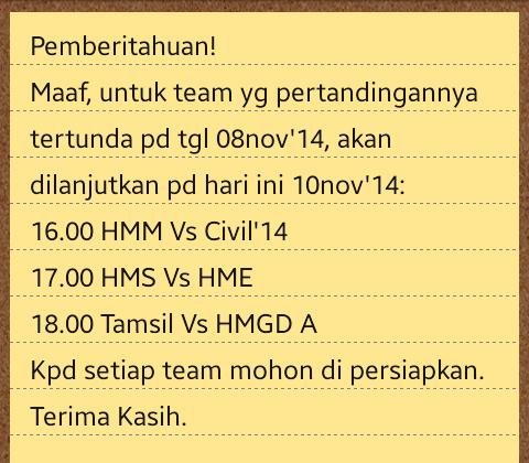 Jadwal pertandingan hari ini (10nov'14) #POS #DiesNatalisHMS29th <a href="/HmsItenas/">HMS Itenas</a> <a href="/ITENAScom/">ITENAS community</a> <a href="/ITENAS_/">Kampus Jingga :)</a>