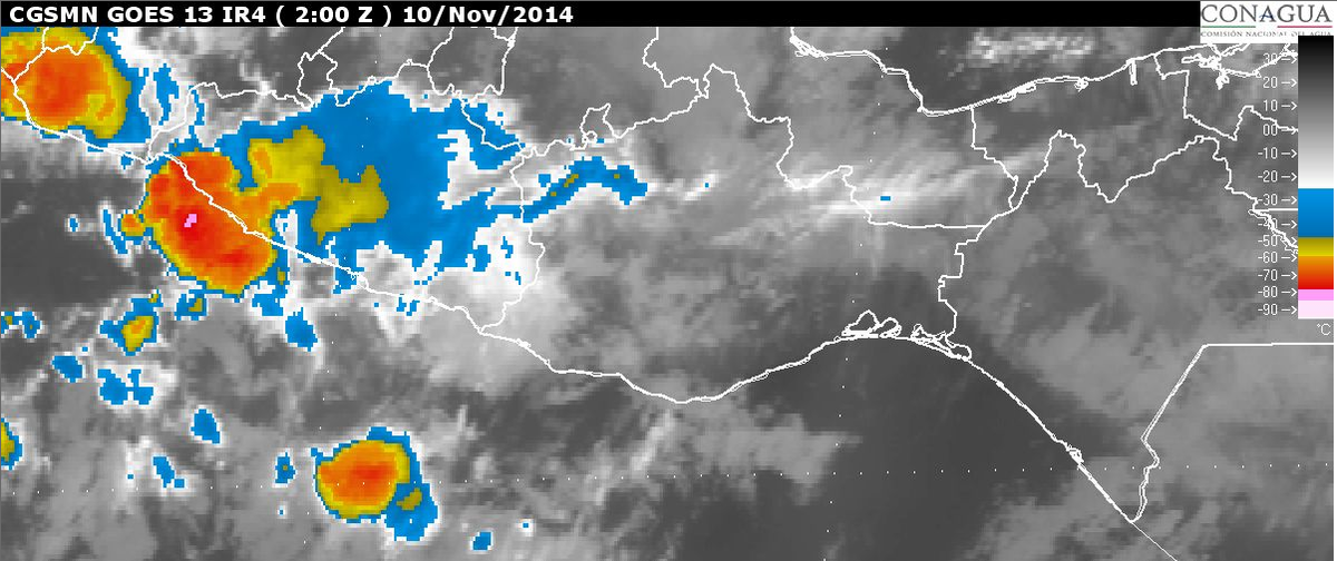 conagua_clima's tweet photo. 20:00 h: Imagen de satélite muestra nubosidad asociada a #lluvias con descargas eléctricas en Michoacán y Guerrero. http://t.co/nFSQQH6PDZ