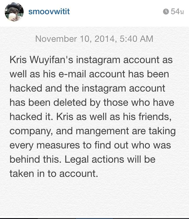 !! 141110 เควิน ชินเพื่อนของอี้ฟานอัพเดทไอจีบอกว่าอีเมลล์ไอจีของอี้ฟานนั้นถูกแฮ็กและโดนลบไปแล้วโดยคนแฮ็กค่ะ
😭😭😭