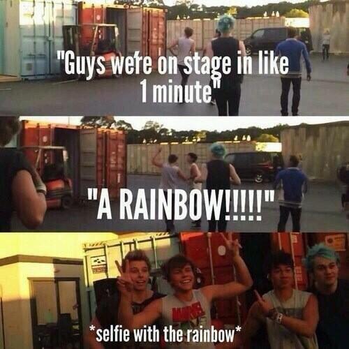 REMEMBER THAT TIME 5SOS WAS LATE ON STAGE BECAUSE THEY TOOK A SELFIE WITH A RAINBOW #vote5sos