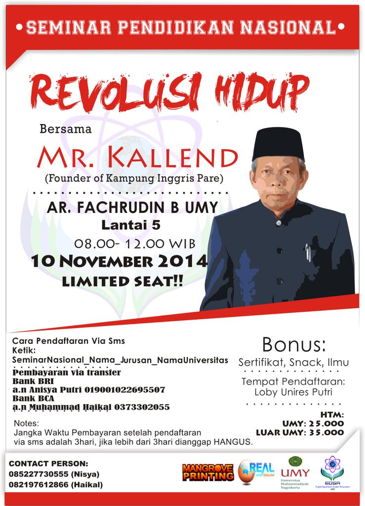 PeduliJogja's tweet photo. Hari ini Seminar Pendidikan Nasional with Mr Kallend at Gedung Ar.B Lantai 5 UMY 8.00-12.00 Let's join us (@edsaumy) http://t.co/5OPFo7TWFc