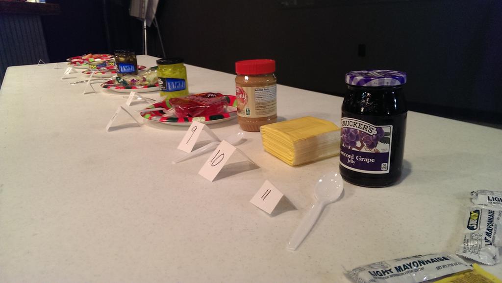 TheRealConverge's tweet photo. Toppings for "Wheel of Sandwiches!" Includes @SPAMbrand, jelly, peanut butter, banana peppers, cheese, bologna, etc. http://t.co/x4xpjaN6uR