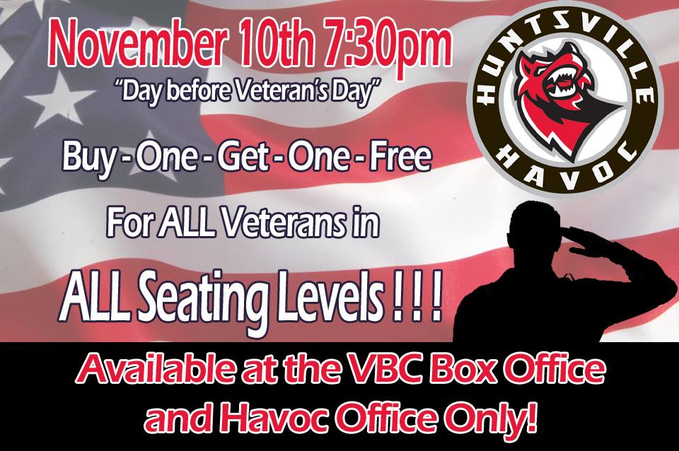 VonBraunCenter's tweet photo. MONDAY: BOGO @HavocHockey tickets for all veterans! Please RETWEET! #hockey http://t.co/BXJHrCFuVo