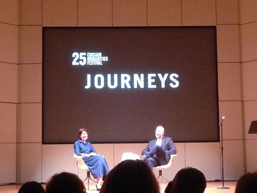 megy's tweet photo. Such a gr8 #chf2014 event w/ @danjonesnyt & @AskingAmy. Txs @HilaryShen 4 invite to @Chi_Humanities tonight! http://t.co/vQMIBlP63L