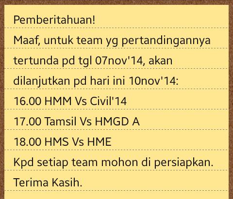 Mohon maaf, ada perubahan jadwal pertandingan Basket hari ini 10 Nov 2014 #POS <a href="/HmsItenas/">HMS Itenas</a> <a href="/ITENAScom/">ITENAS community</a> <a href="/ITENAS_/">Kampus Jingga :)</a>