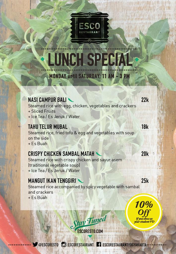 Ada 'Lunch Special' di <a href="/escoresto/">ESCO Restaurant</a> dr hari Senin - Sabtu, 11:00 - 15:00 WIB | Nasi Campur Bali, Tahur Telur Mubal