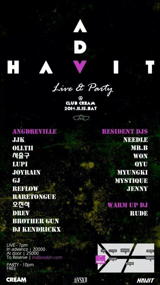 Angdreville's tweet photo. [ADV X HAVIT] 
11월 15일 홍대클럽 크림에서 힙합크루 ADV와 스트릿브랜드 HAVIT의 첫 콜라보레이션을 기념하는 공연과 애프터파티가 열립니다.
공연예매 http://t.co/WiJqavWx2v http://t.co/xjEgWkuEtT