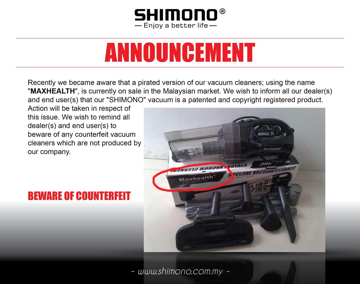 ShimonoMy's tweet photo. Announcement: Recently we became aware that a pirated version of our vacuum cleaners; using the name "MAXHEALTH". http://t.co/mKQax22Fdh