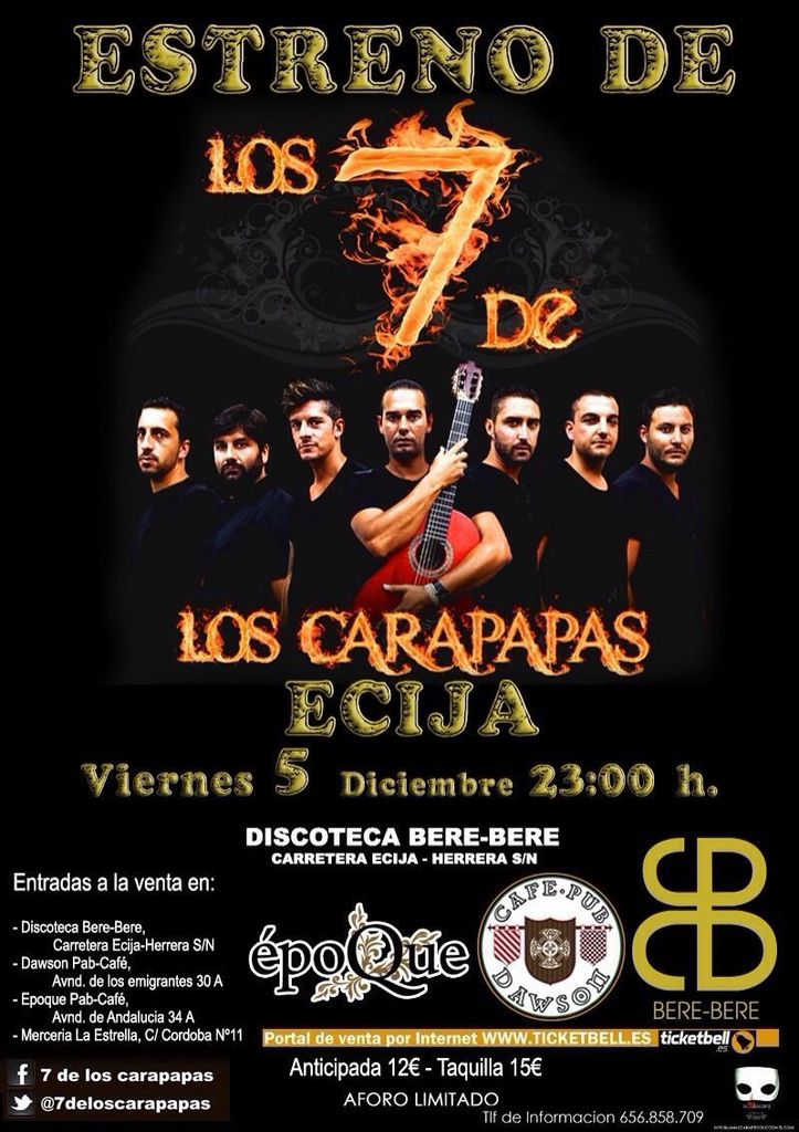 Epoque_cafe_pub's tweet photo. Concierto en @DiscoBere_Bere 
RT este mensaje y podrás ser el ganador de dos entradas para 
LOS 7 DE LOS CARAPAPAS http://t.co/DsQVMdIVU0