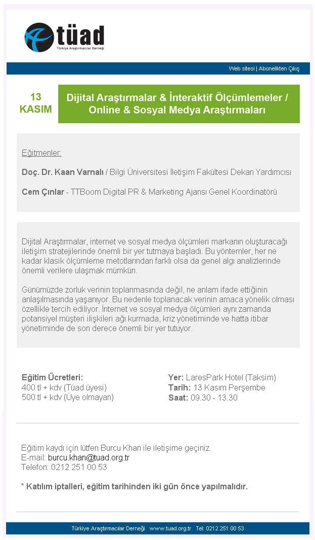 TT Boom'dan <a href="/CemCinlar/">Cem Cinlar</a> ve Bilgi Ünv.'den <a href="/kaanvarnali/">Kaan Varnali</a>  Online &amp; Sosyal Medya Araştırmaları eğitimi 5 Kasım'da TÜAD'da