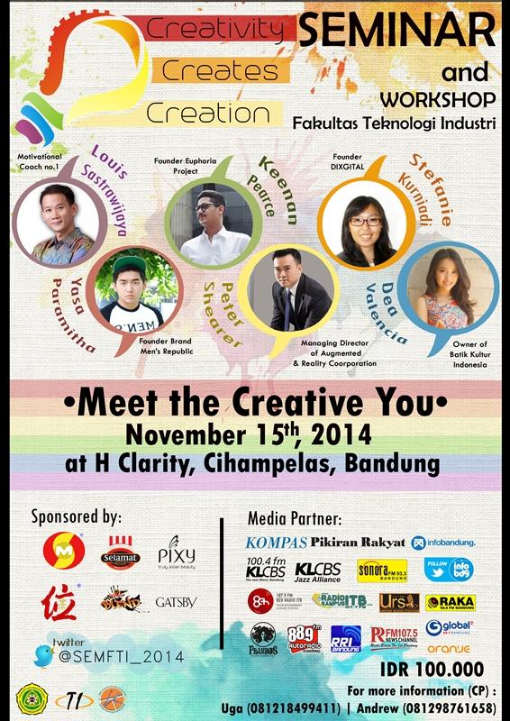 RadioKampusITB's tweet photo. Seminar &amp; Workshop "Creativity Creates Creation" FTI UNPAR Seminar 15/11/14. Info @SEMFTI_2014, CP Kevin 087888698155 http://t.co/LFg7hQLqXP
