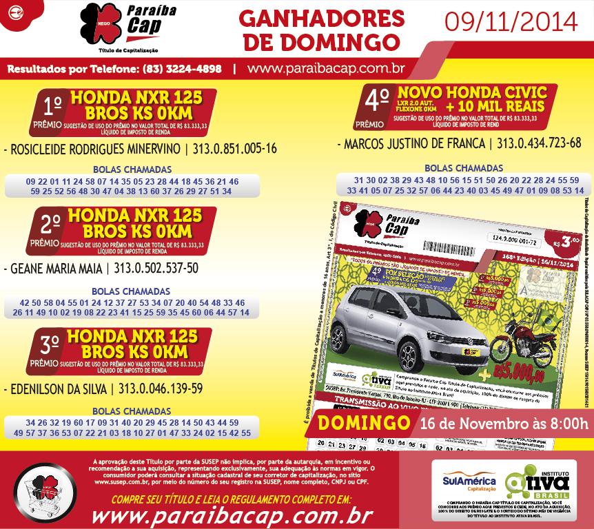 ParaibaCap's tweet photo. Confira os vencedores do sorteio deste domingo 09/11/14. Parabéns! http://t.co/13gcBMpjvI