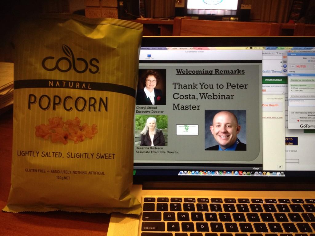 rosetulip_kiwi's tweet photo. 1st international who's who in one health webinar #1hlthwebinar #onehealthcommission #popcornready http://t.co/dlOjeZKpbQ