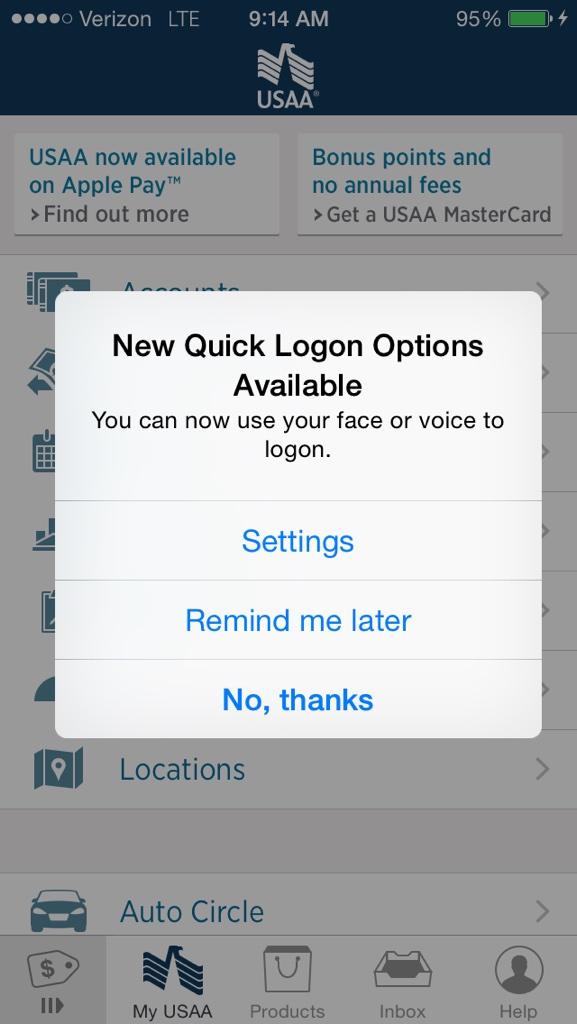 aaronbuley's tweet photo. Whoa @USAA.   I can use my face to login?   Awesome. http://t.co/FA262D9FqH