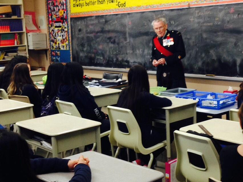stamegnateaches's tweet photo. W.O Ron Denham C.D. (Retired) speaking with grade 8's @holyspirittcdsb about his experiences #WeRemember http://t.co/SVEoxUVafA