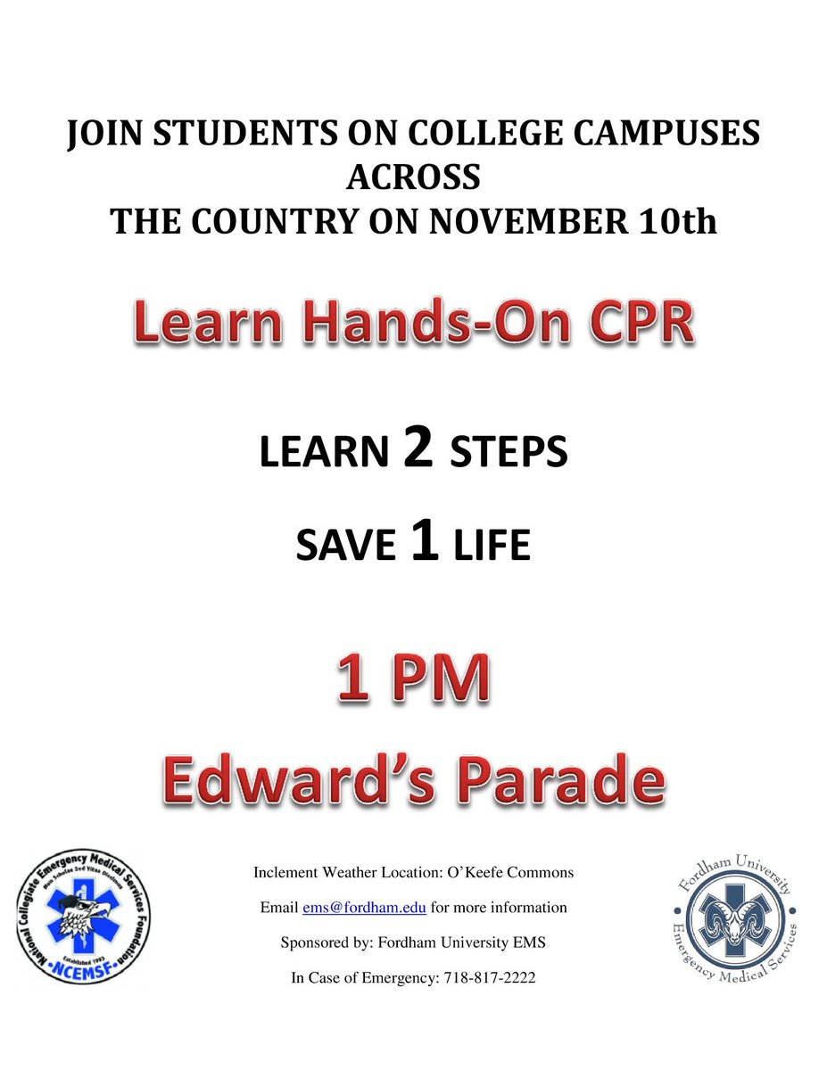 Hey everyone, today is the day! FREE Hands-On CPR Training at 1PM on Edward's Parade! See you there! #FUEMS