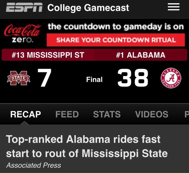 katiegilhooly's tweet photo. Remember last time Mississippi State came to Tuscaloosa undefeated, 'believing' they would win? #HailStateHateWeek http://t.co/qPVcCDxEX0