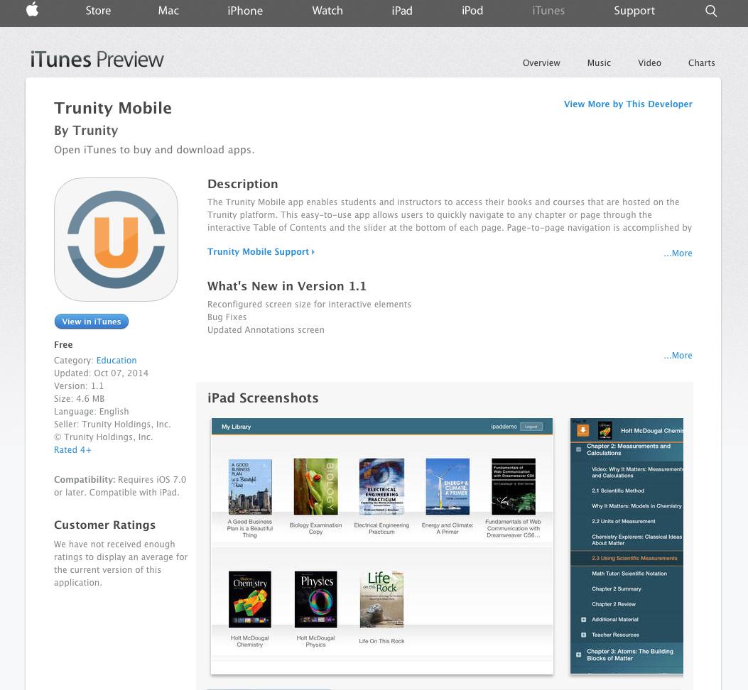 Trunity's tweet photo. Check out #TRUNITY Mobile in #iTunes! #eBooks #eLearning #education #college #digitaltextbooks http://t.co/MJhQsxkITZ