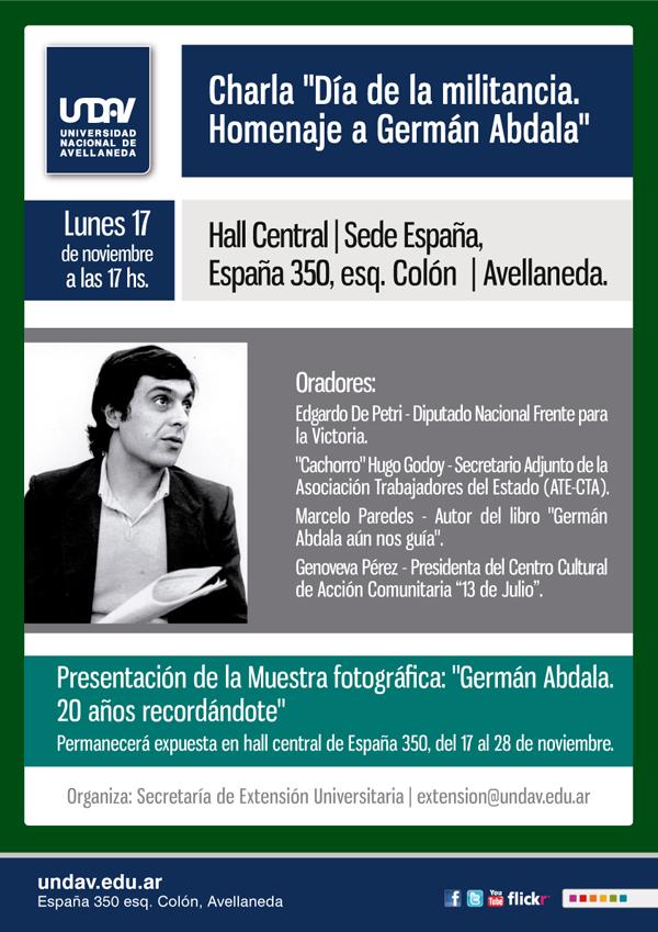 UNDAVOFICIAL's tweet photo. Homenaje a Germán Abdala en la #UNDAV - Lunes 17/11 - 17 horas http://t.co/LhxVE98DY0