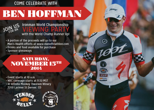 COMultisport's tweet photo. Join @bhoffmanracing and @infinitemtheory for the IM WC viewing party. All proceeds go to @MenofTriathlon!!! http://t.co/KBcL7CEsVn