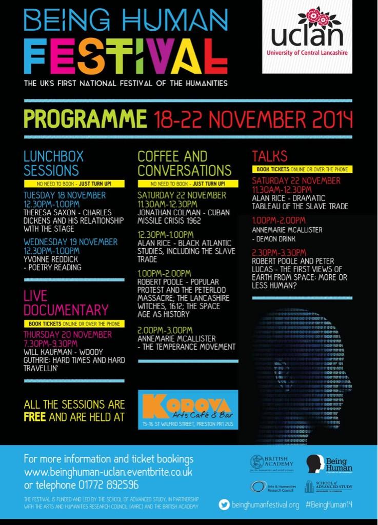 UCLanWhatsOn's tweet photo. Have you booked onto a #BeingHuman14 Festival FREE session yet? All sessions are in @KorovaArts in Preston http://t.co/2y88IrndmC